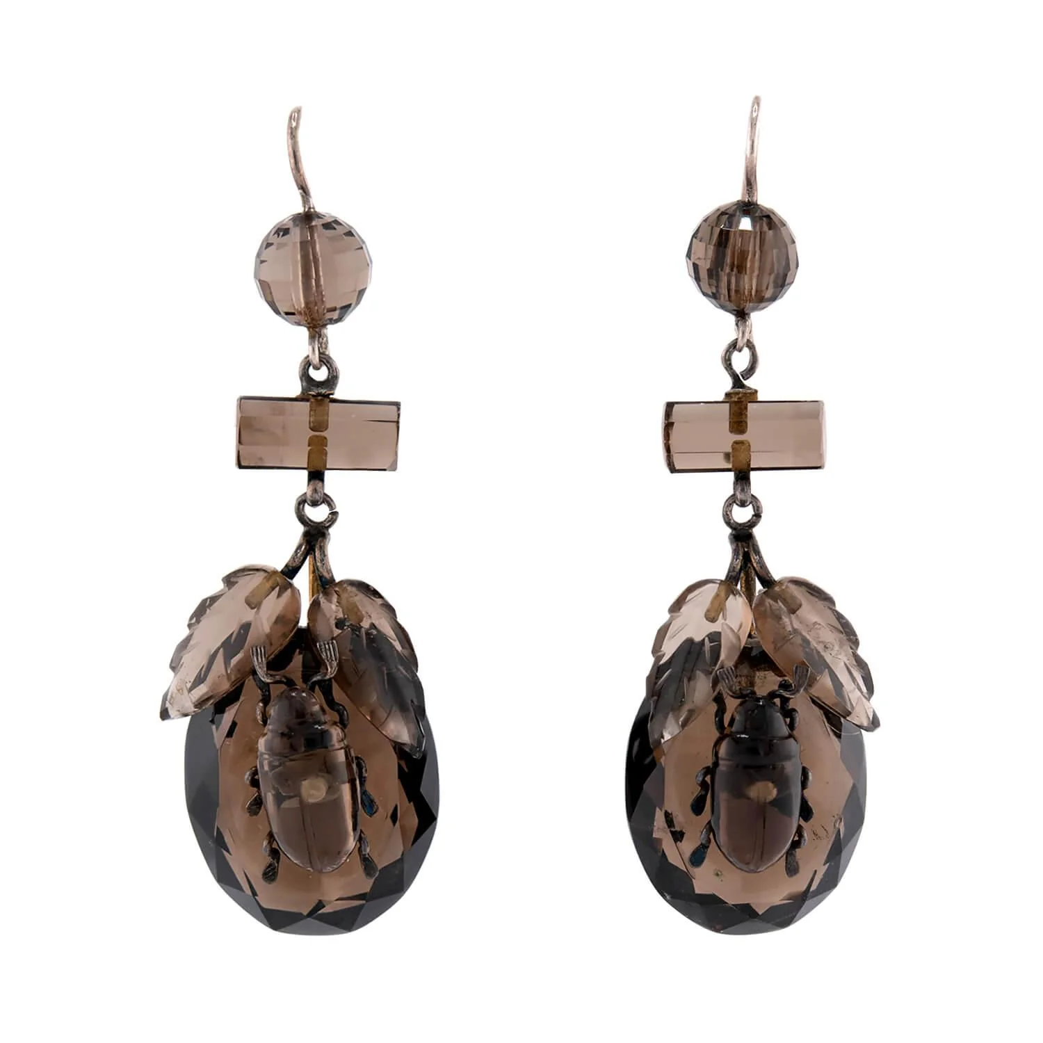 Victorian Sterling Silver Smoky Topaz Beetle-Motif Earrings