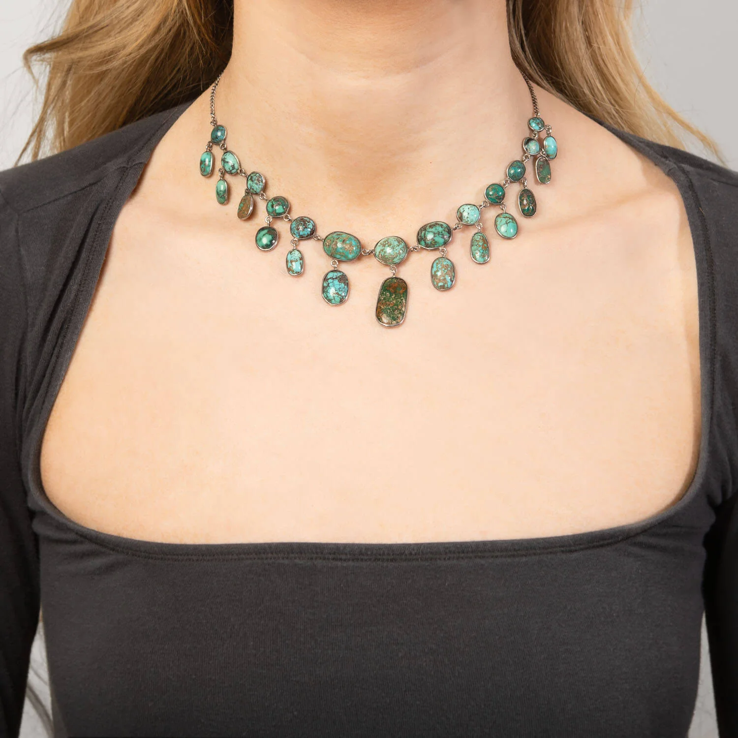 Victorian Sterling Silver Turquoise Festoon Necklace - Image 5