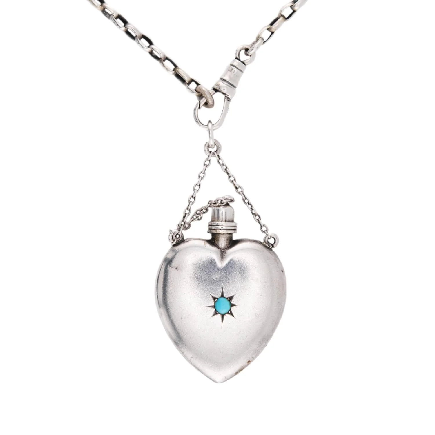 Victorian Sterling Silver Turquoise Heart Perfume Bottle Pendant Necklace