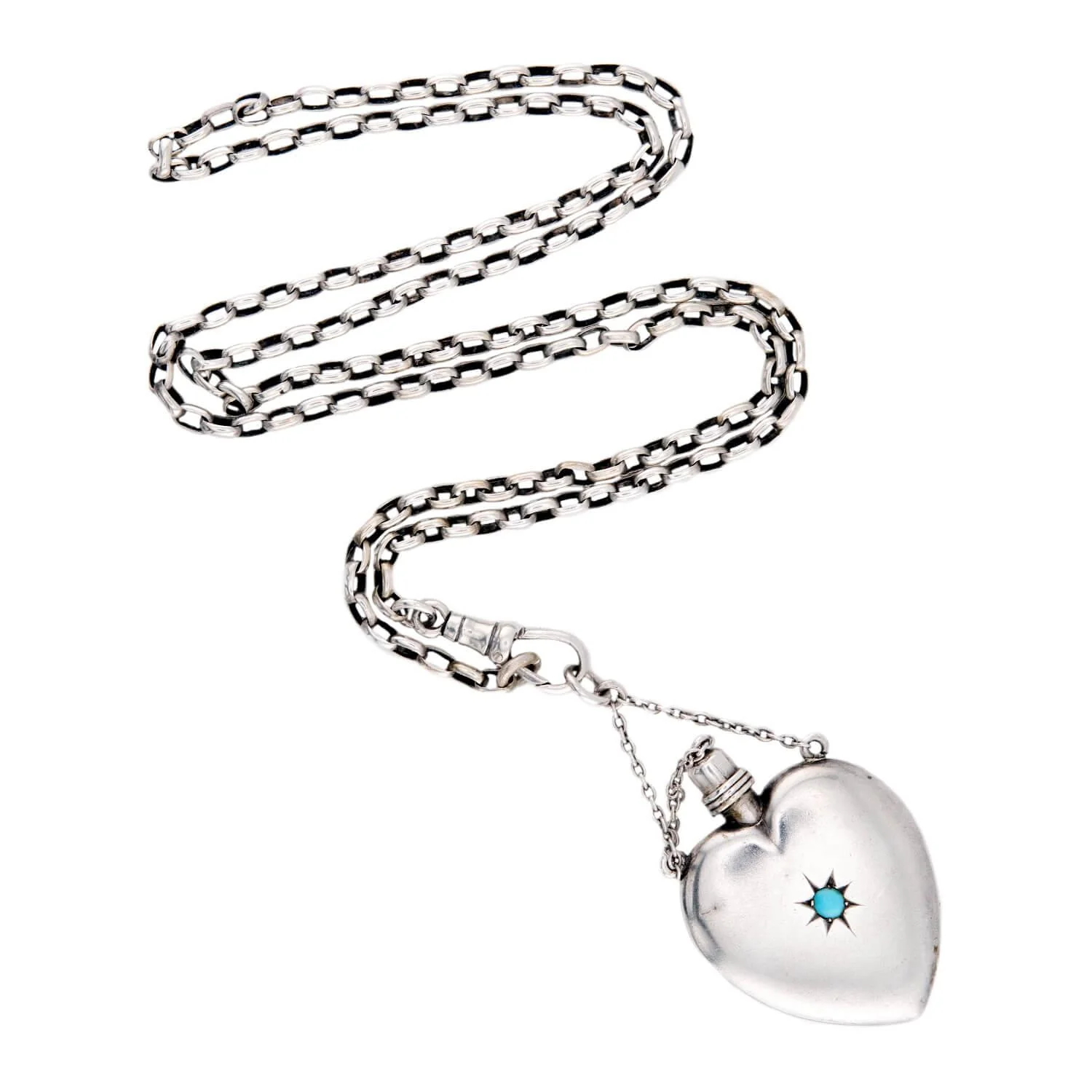 Victorian Sterling Silver Turquoise Heart Perfume Bottle Pendant Necklace - Image 2