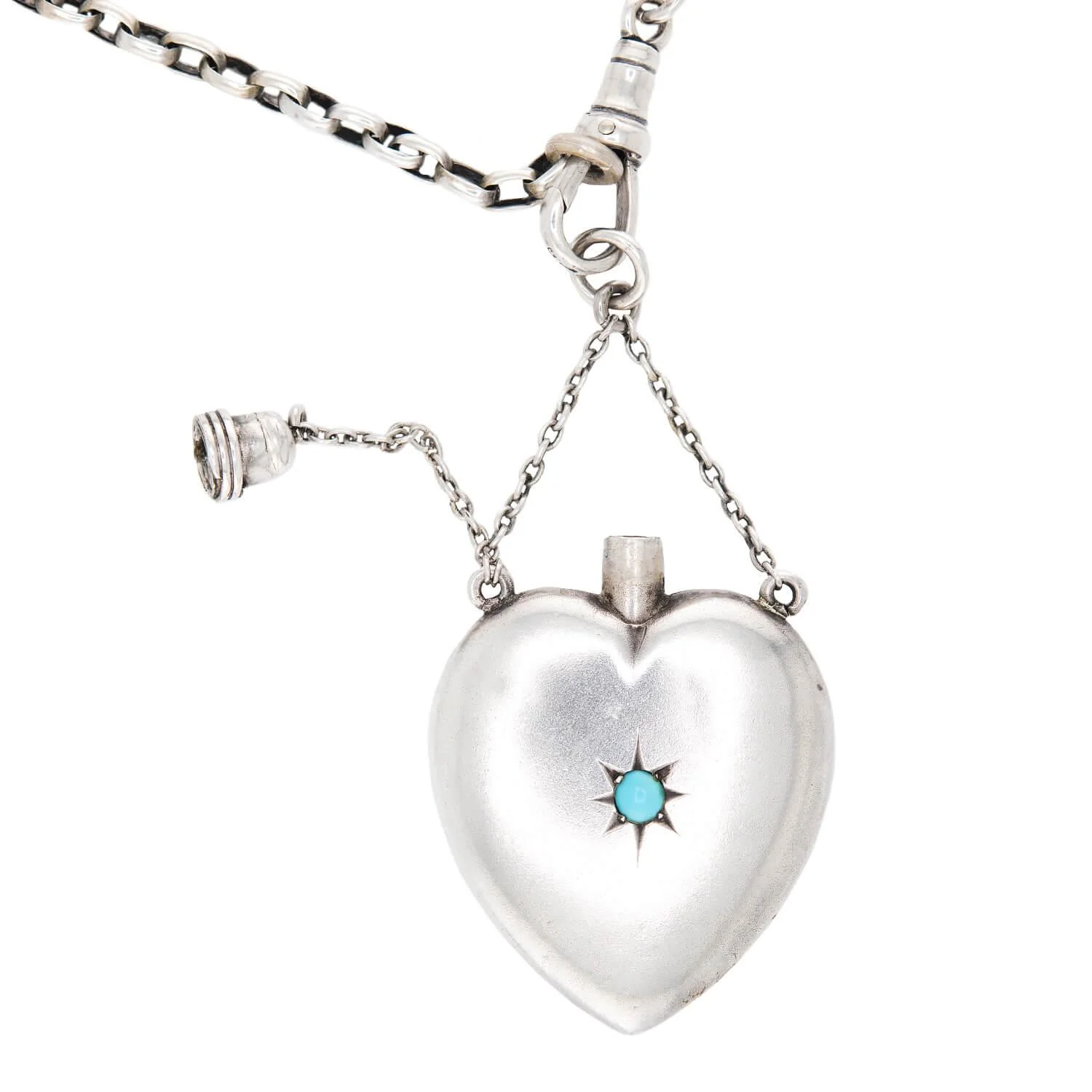 Victorian Sterling Silver Turquoise Heart Perfume Bottle Pendant Necklace - Image 4