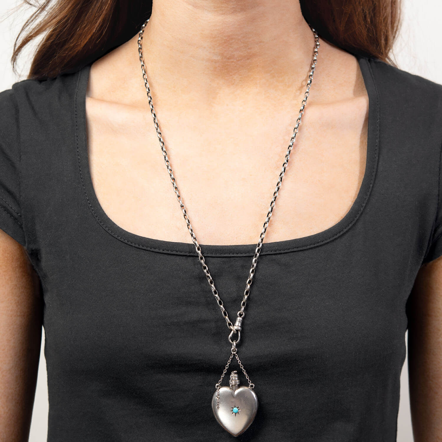 Victorian Sterling Silver Turquoise Heart Perfume Bottle Pendant Necklace - Image 6