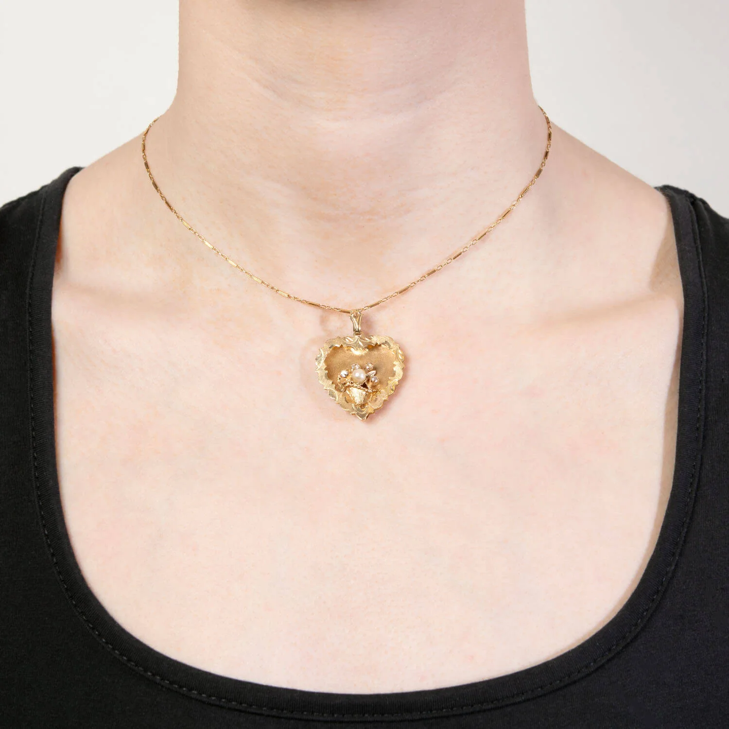 Vintage 14k Diamond and Pearl Flower Basket Heart Pendant - Image 6