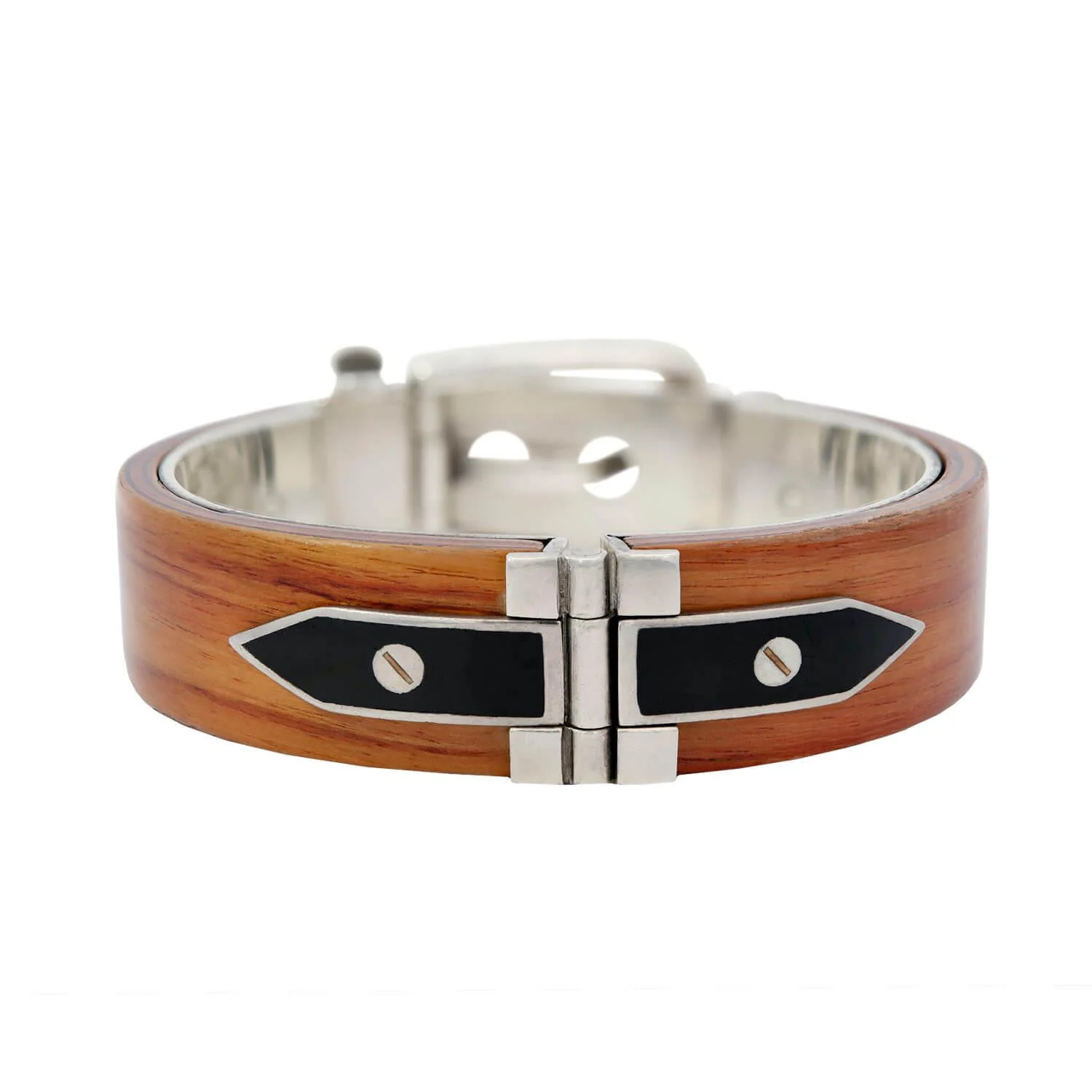 Vintage Gucci Sterling Silver Wood Enameled Buckle Bracelet - Image 4