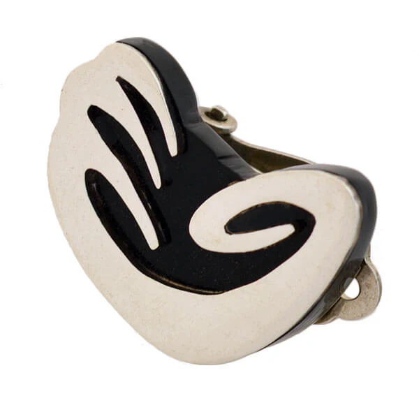 Vintage Signed Mexican Sterling Onyx Clip On Earrings - Image 4
