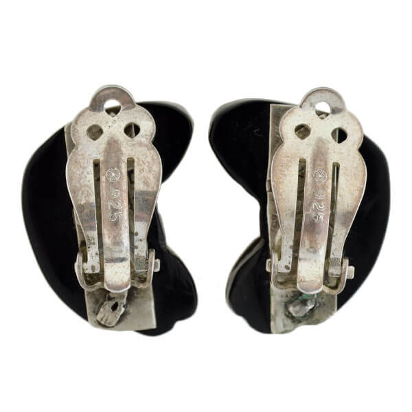 Vintage Signed Mexican Sterling Onyx Clip On Earrings - Image 6
