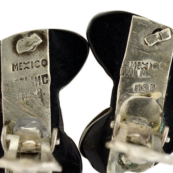 Vintage Signed Mexican Sterling Onyx Clip On Earrings - Image 7