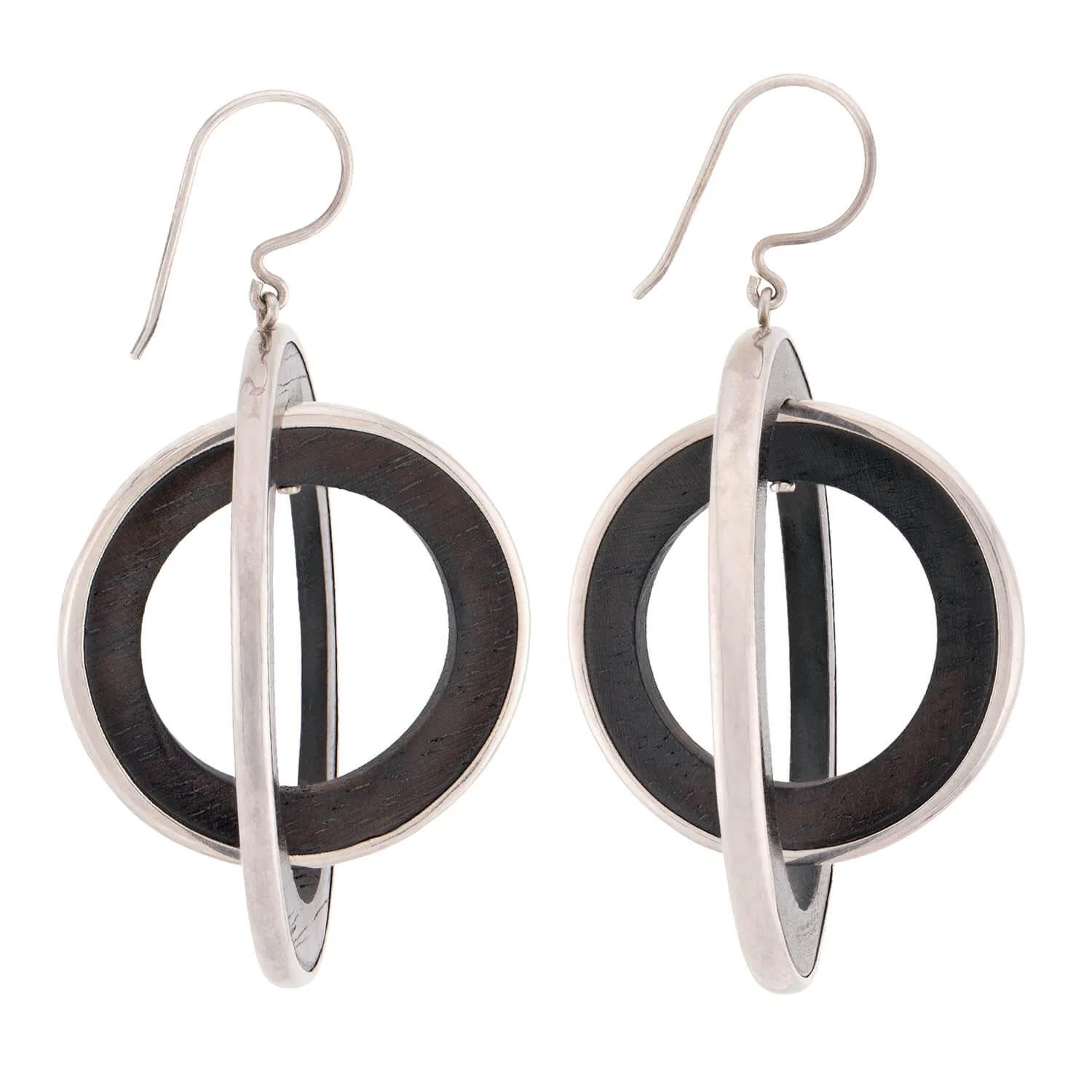 Vintage Sterling Silver & Wood Double Hoop Earrings - Image 2